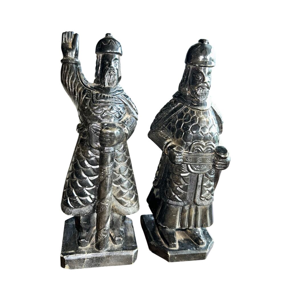 2 Vintage Hand Carved Stone Warriors Stone Soldier 8.5”
